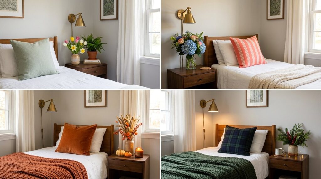 Collage of four seasonal bedroom decor styles showing a twin bed styled for spring, summer, fall, and winter.