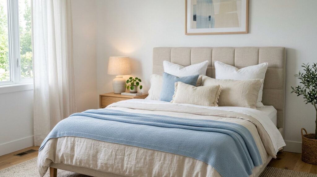 Serene modern bedroom with a beige tufted headboard, layered neutral bedding, and light blue accents on a sunny day.