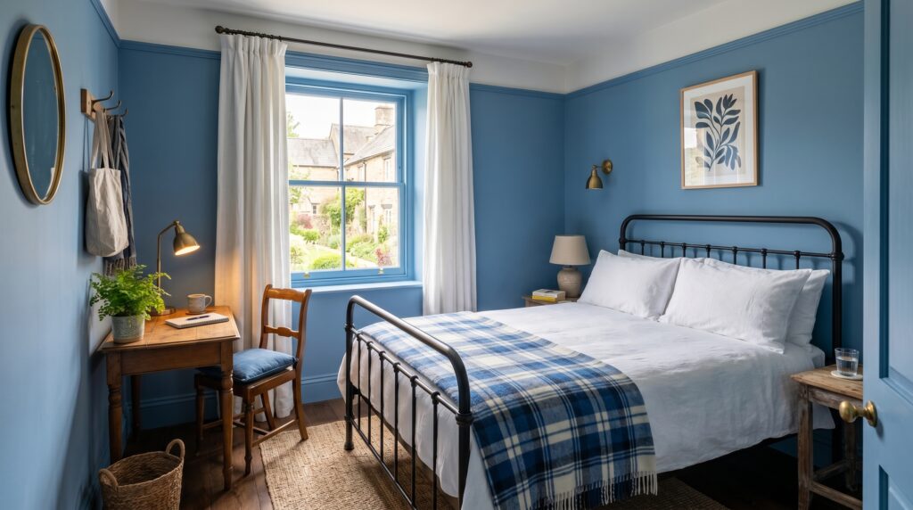 Welcoming cottage style guest bedroom with blue paneled walls, black iron bed frame, and wooden writing desk.