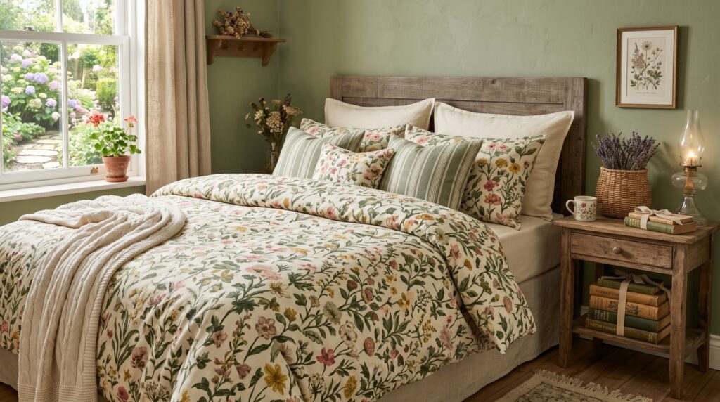 Cottagecore bedroom with floral bedding, rustic wood headboard, and sage green walls near a garden window.
