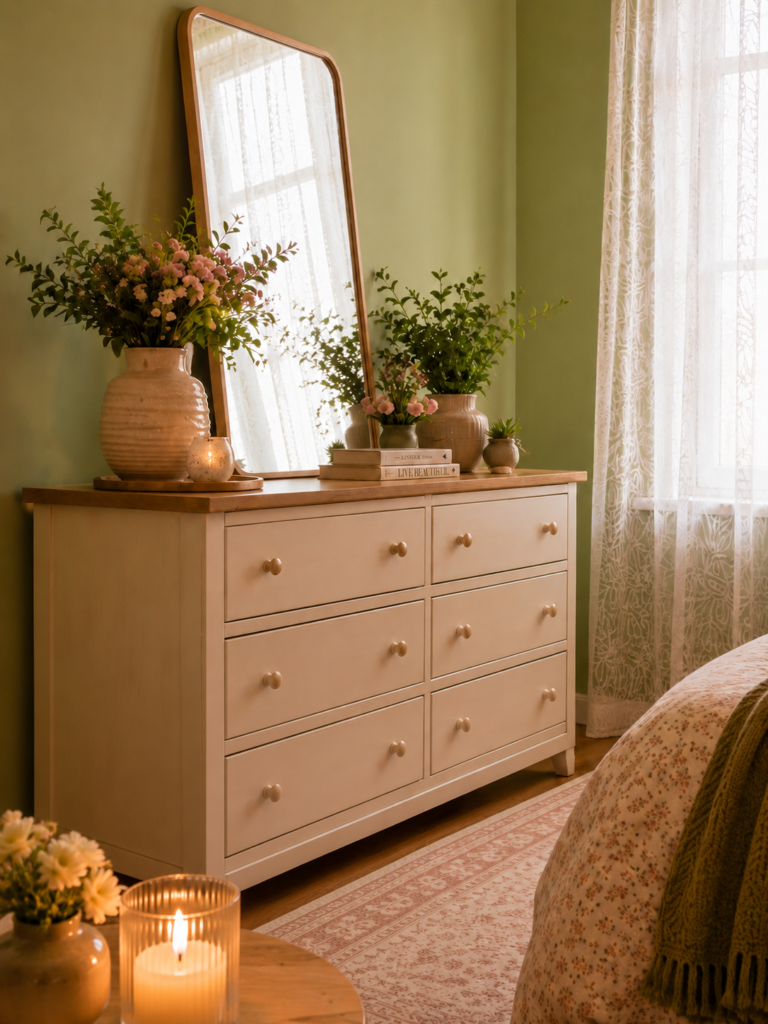 Cozy cottagecore white wooden dresser styled with a mirror, potted greenery, and candles against a sage green bedroom wall.