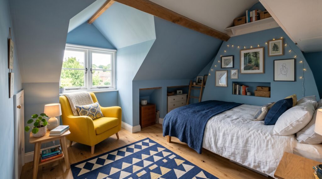 Cozy attic bedroom featuring a yellow armchair, blue geometric rug, and sloped ceilings with a gallery wall.