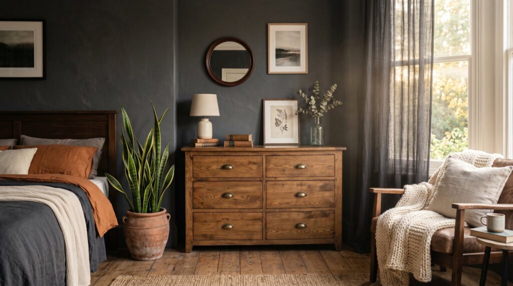 Rustic wooden dresser and snake plant in an earthy, moody master bedroom with terracotta and charcoal bedding.