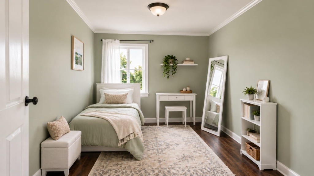 Guest bedroom with bright white furniture and sage walls contrasting against dark wood floors in a beautifully lit space.