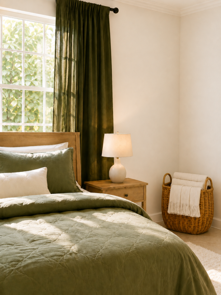 Cozy neutral bedroom detail showing a quilted green duvet and woven blanket basket for aesthetic interior styling.