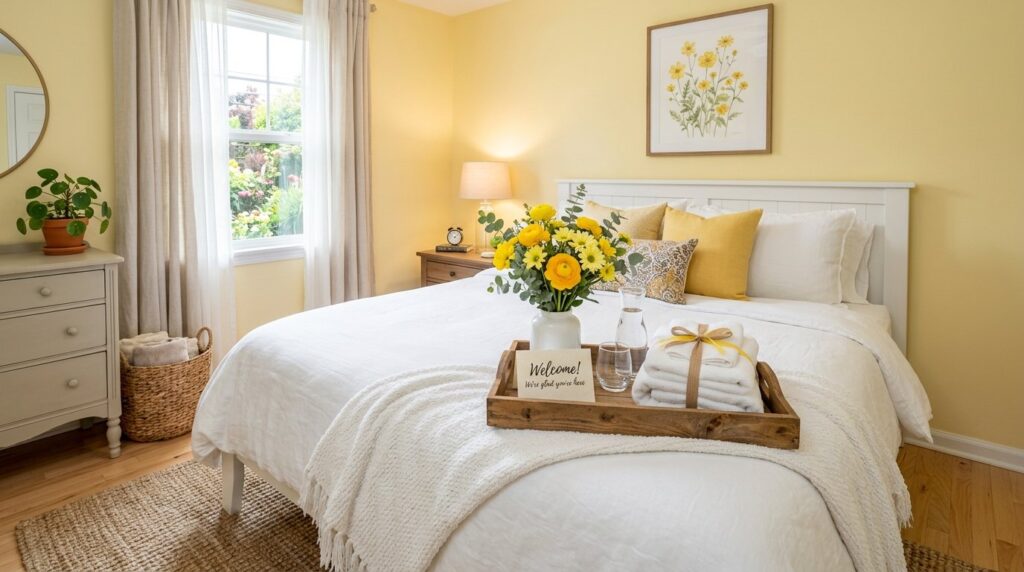 Welcoming guest bedroom with pale yellow walls, botanical art, and a wooden tray on the bed with fresh yellow flowers and towels.