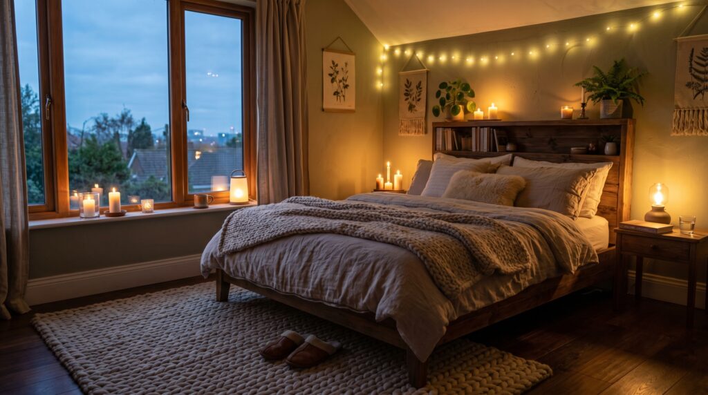 Cozy hygge bedroom with warm fairy lights, candles, and a chunky knit throw on a wooden bed frame.