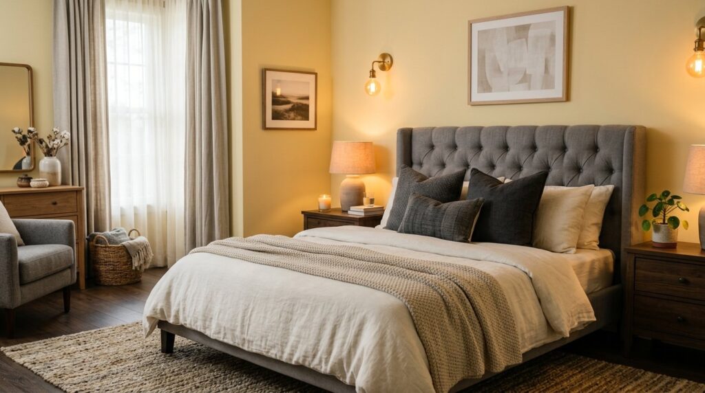 Warm master bedroom with a grey tufted headboard, neutral layered bedding, and brass wall sconces against yellow walls.