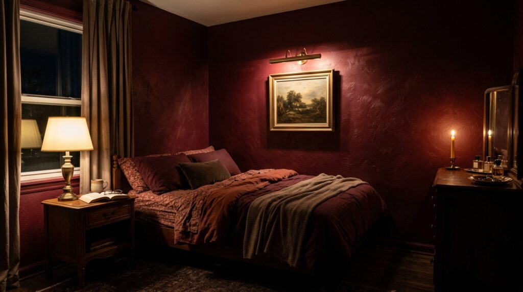Cozy nighttime bedroom with warm lamp light on textured maroon walls and vintage dark academia decor.