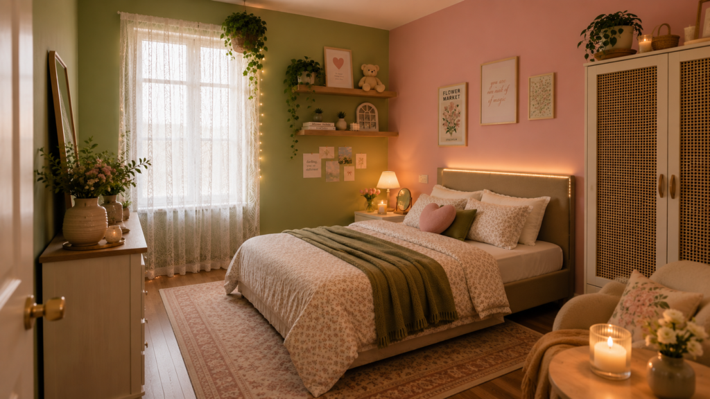 Cozy pastel cottagecore bedroom design with floral bedding, a white wood dresser, lace curtains, and pink and green walls.