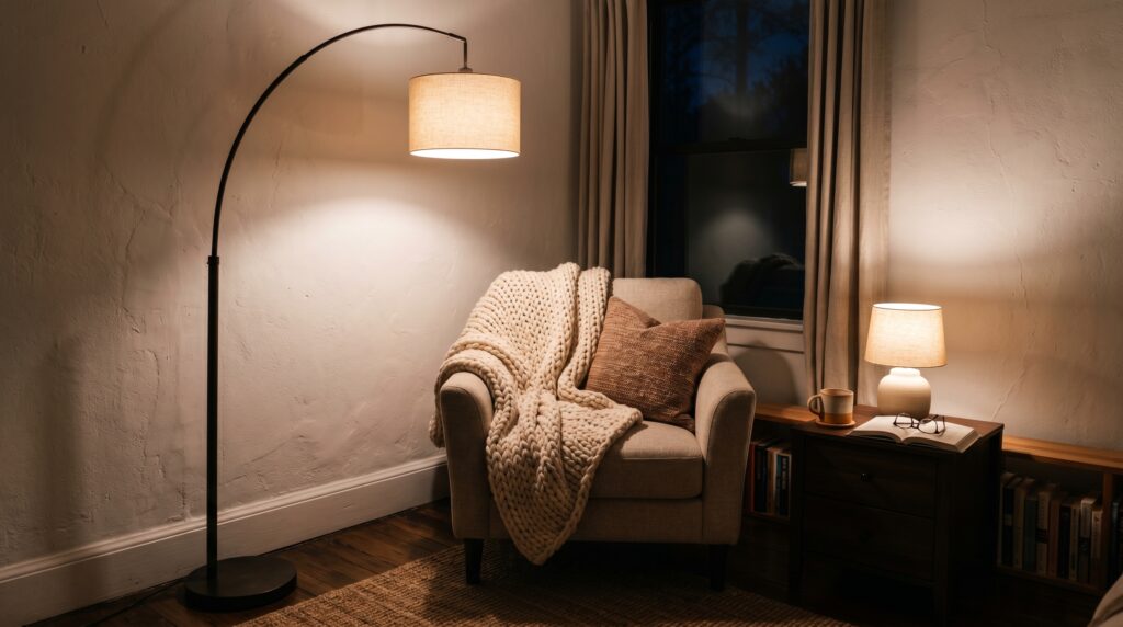 Cozy reading nook with a beige armchair, chunky knit throw blanket, and a warm arched floor lamp at night.