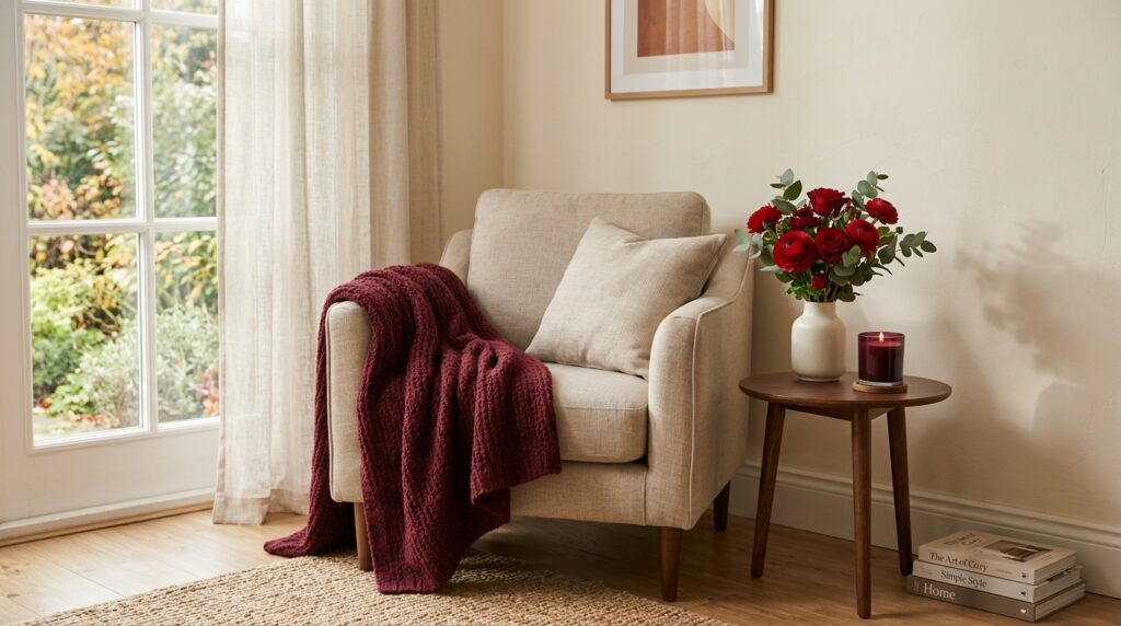 Cozy reading nook featuring a beige armchair, chunky burgundy knit throw blanket and a vase of fresh red roses.