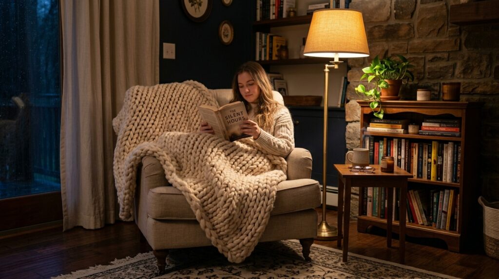 Cozy reading nook with a woman under a chunky knit blanket next to a stone fireplace and warm lamp light.