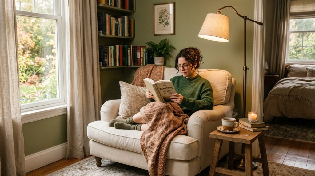 Woman reading a book in a cozy beige armchair with a floor lamp and bookshelves in a rustic green-walled reading nook.