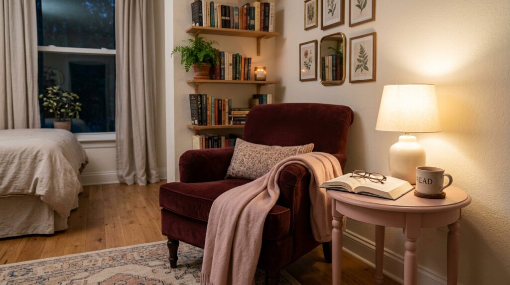 Cozy reading corner with a burgundy velvet armchair, pink side table, and built-in wooden bookshelves.