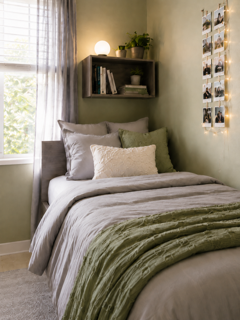 Cozy modern boho single bed with a sage green throw and photo fairy lights in a small aesthetic bedroom.