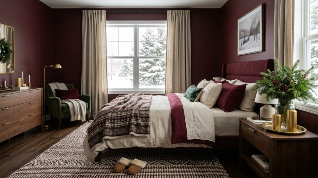 Cozy winter bedroom with burgundy walls and snowy window view featuring seasonal evergreen decor.