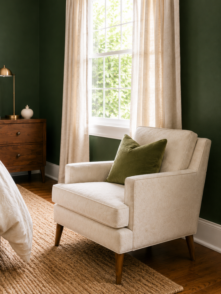 Cozy cream armchair with olive green pillow by a bright window with sheer curtains in a dark green room.