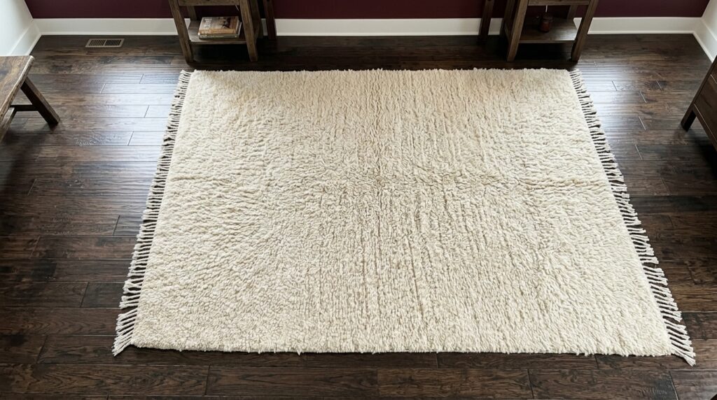 Cream shaggy area rug on dark hardwood floors in a modern home with minimalist wooden furniture.