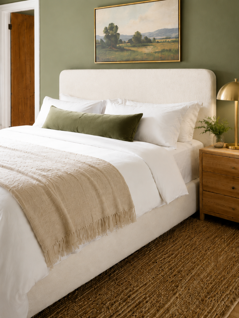 Cream upholstered bed with white linens and a green bolster pillow next to an oak nightstand.