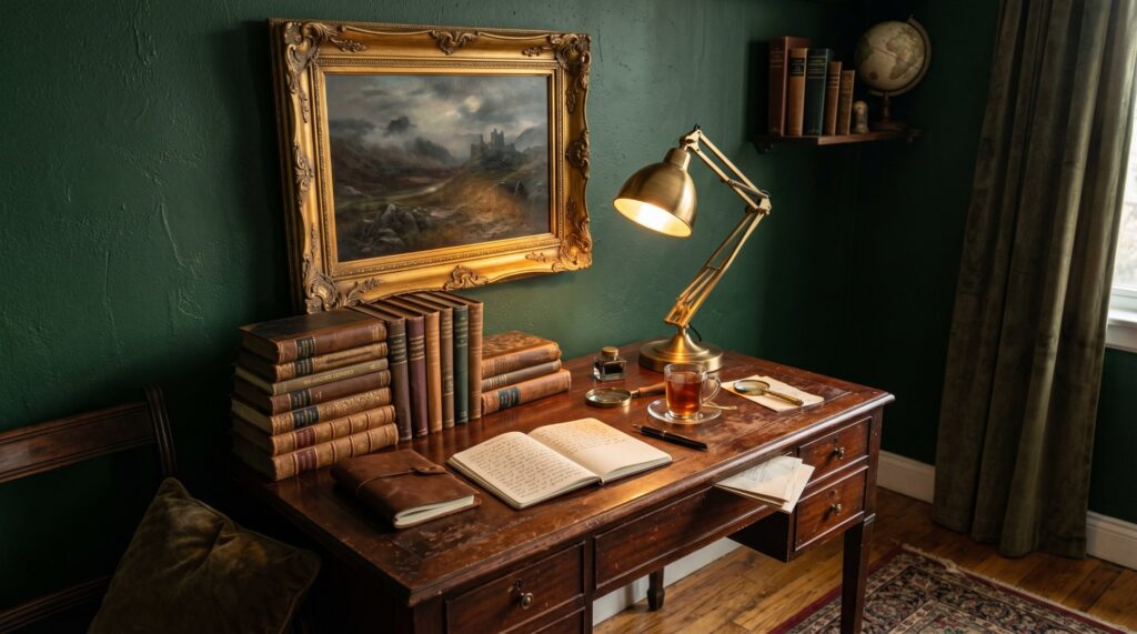 Dark academia study with vintage wooden desk, brass lamp, and old books against a moody green wall.