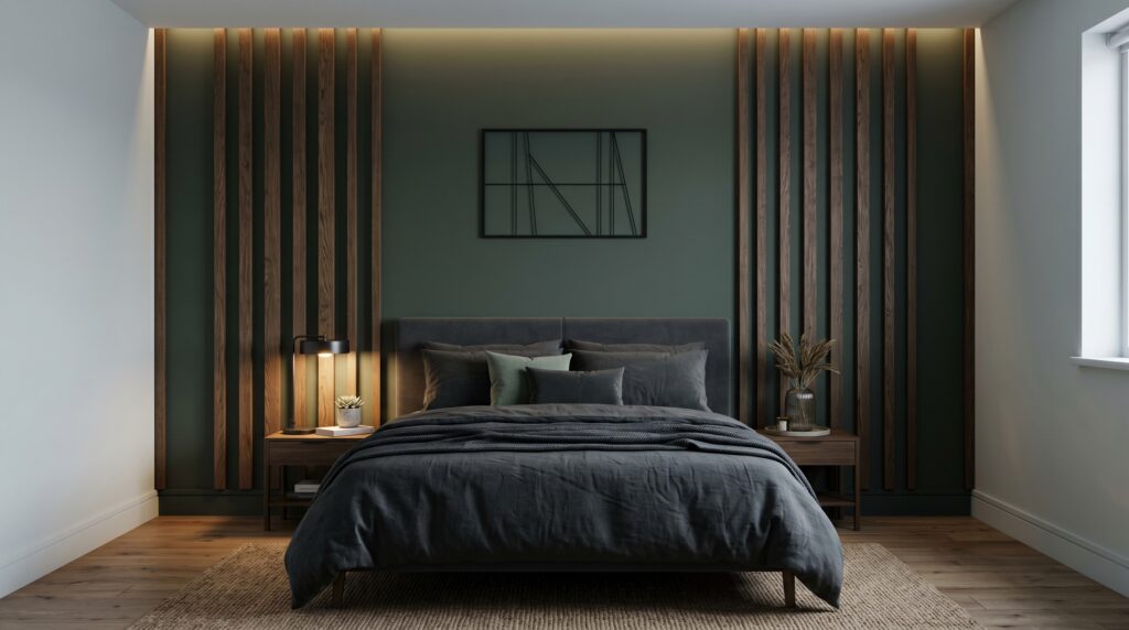 Modern dark green bedroom featuring a vertical wood slat accent wall and a charcoal upholstered bed.