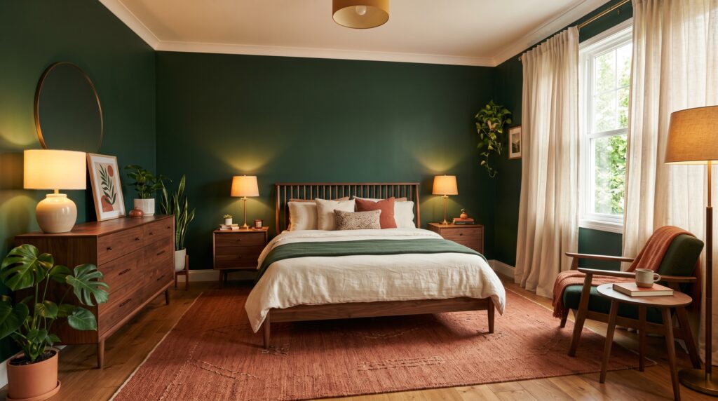 Mid-century modern bedroom featuring dark forest green walls, walnut furniture, and a warm terracotta rug.