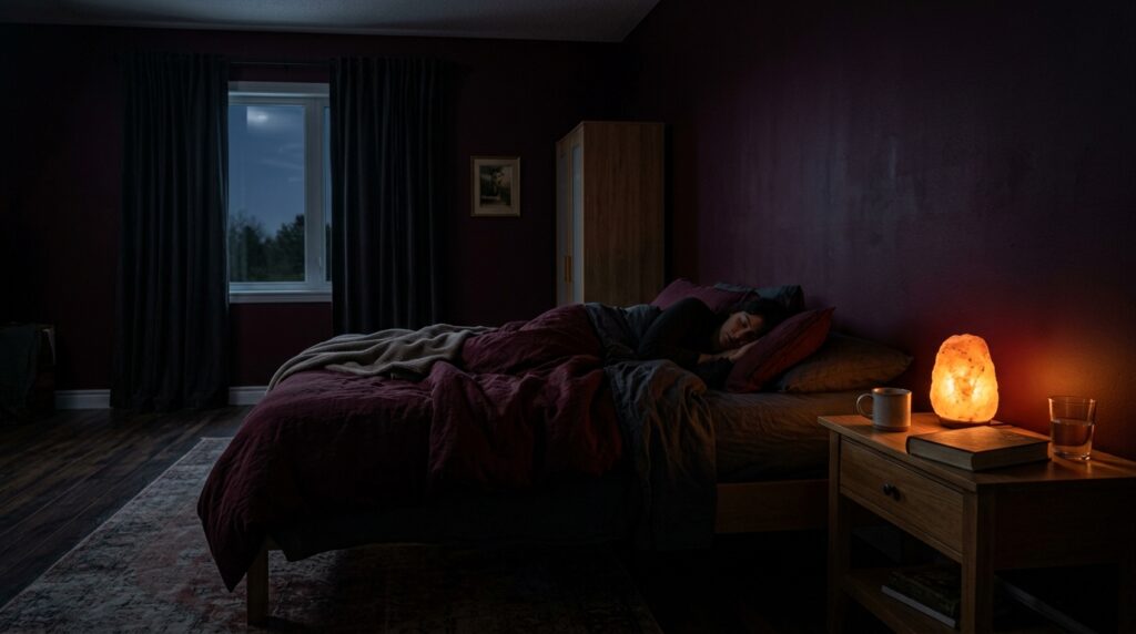 Moody dark bedroom with burgundy walls featuring a glowing salt lamp and cozy maroon linen bedding at night.