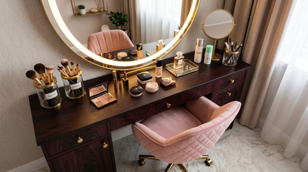 Elegant dark wood makeup vanity with a large circular lighted mirror and a quilted pink velvet chair.