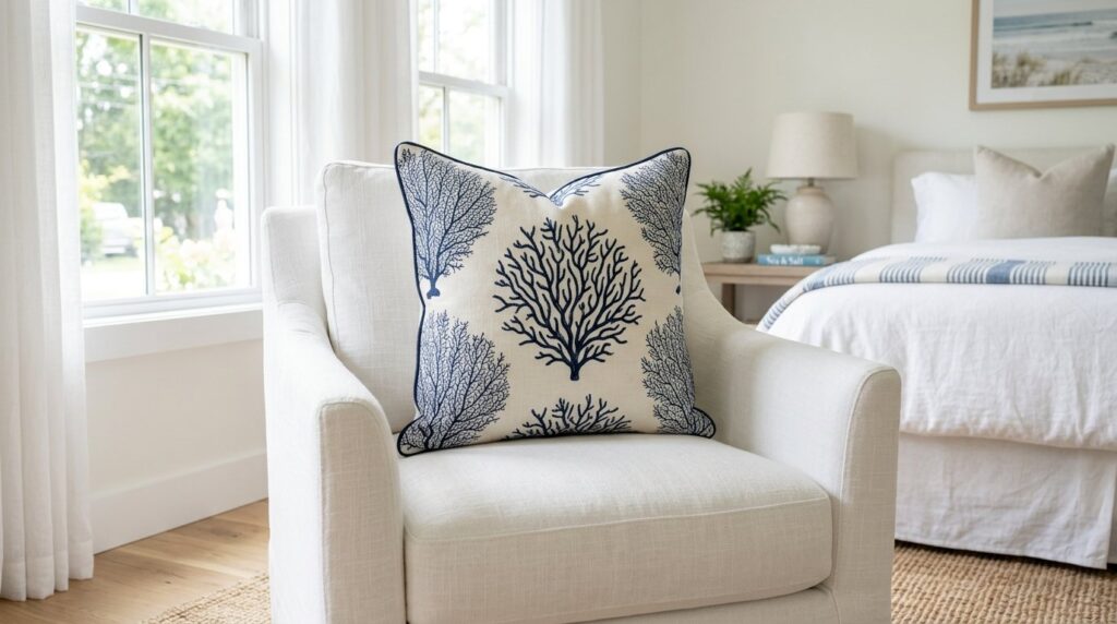 Coastal coral pillow with navy blue patterns on a white armchair in a bright, airy beach house bedroom.