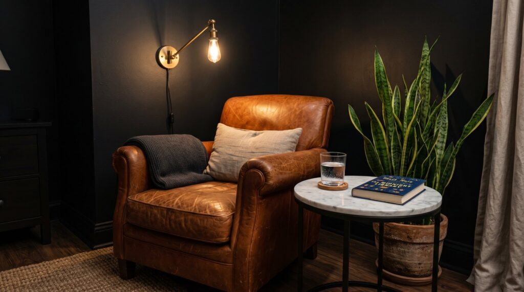 Cozy brown leather armchair in a moody reading nook with a brass swing-arm sconce and marble side table.