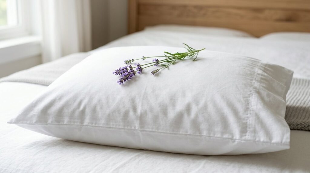 Fresh lavender sprig on a crisp white pillow in a minimalist bedroom for better sleep.