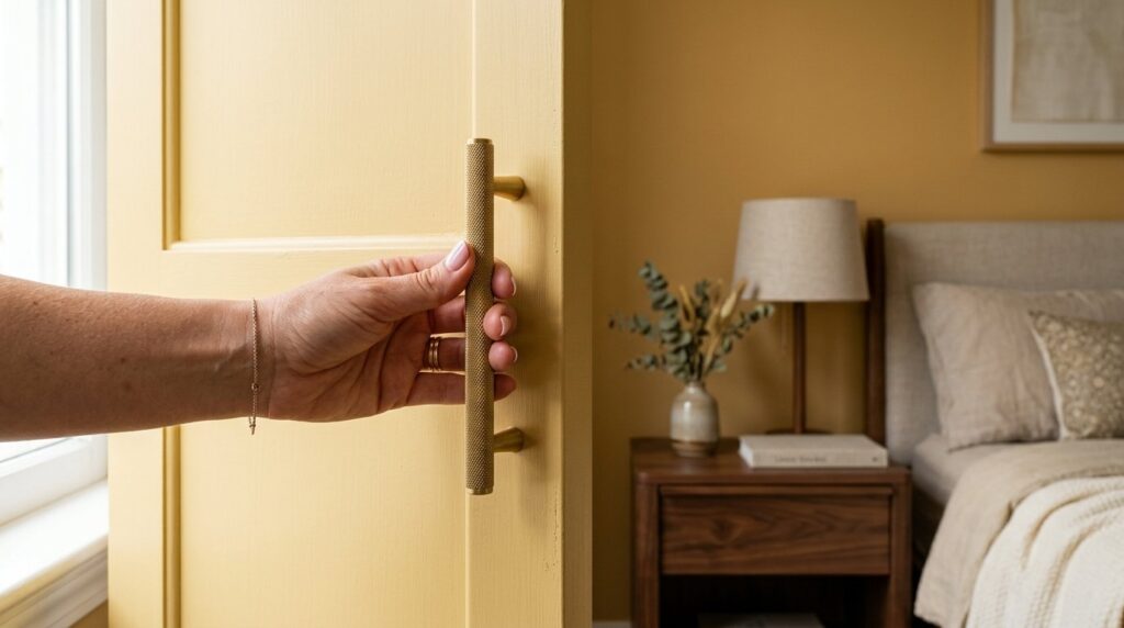 Close-up of a hand opening a yellow door with a modern brass knurled handle in a warm, styled bedroom.