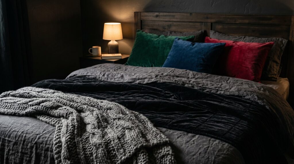 Jewel-toned velvet pillows on dark layered bedding with a chunky knit throw in a moody, cozy bedroom.