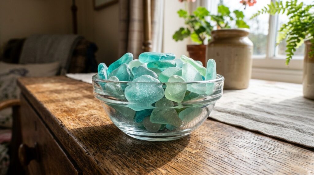 Frosted turquoise sea glass in a clear bowl on a rustic sunlit wooden dresser with window plants.