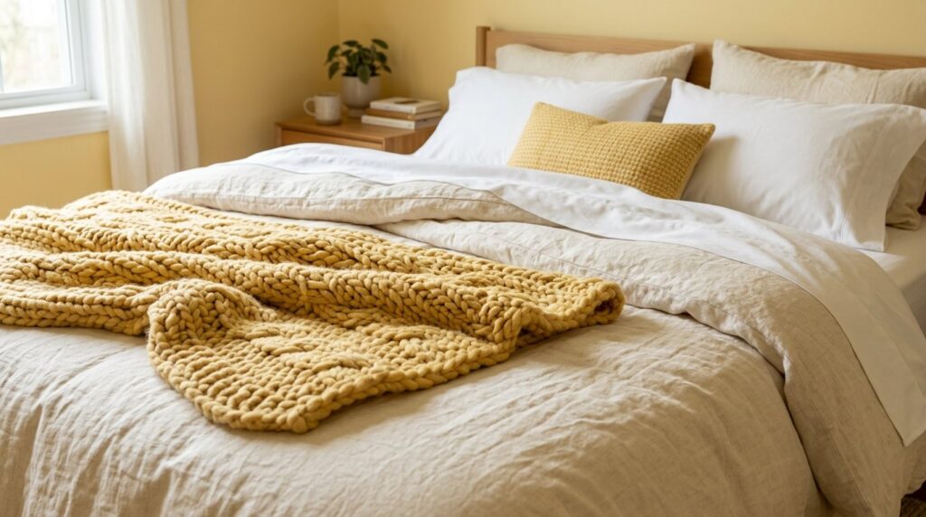 Close-up of neutral linen bedding layered with a chunky mustard yellow knit throw in a warm, cozy bedroom.