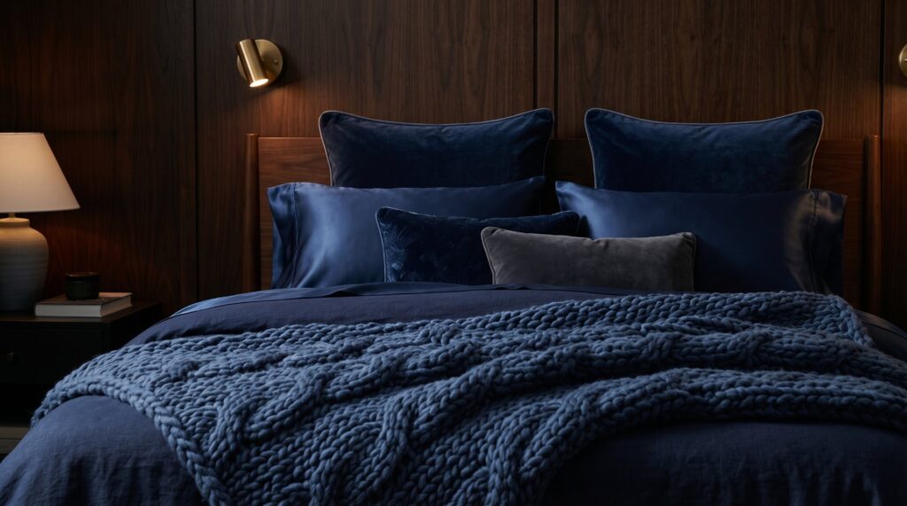 Luxurious navy blue bedding with a chunky knit throw and walnut wood paneling in a moody master bedroom.