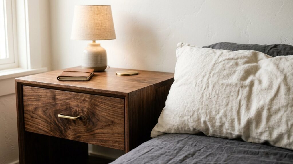 Mid-century walnut nightstand with lamp and notebook next to grey and beige linen bedding.