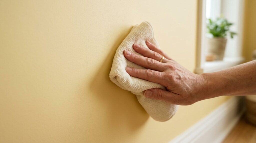 Close-up of a hand wiping a pale yellow painted wall with a soft cream cloth for cleaning or maintenance.