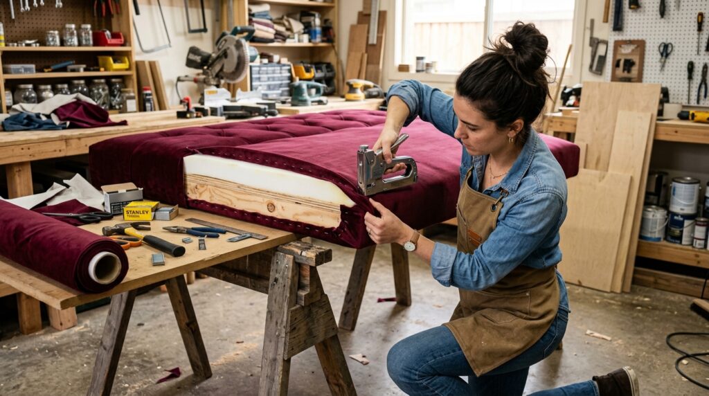 Woman upholstering a custom burgundy velvet tufted headboard in a workshop using a professional staple gun.