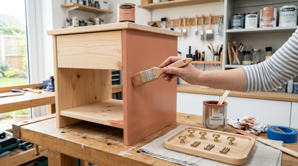 DIY furniture flipping project showing a wooden nightstand being painted terracotta with brass hardware nearby.