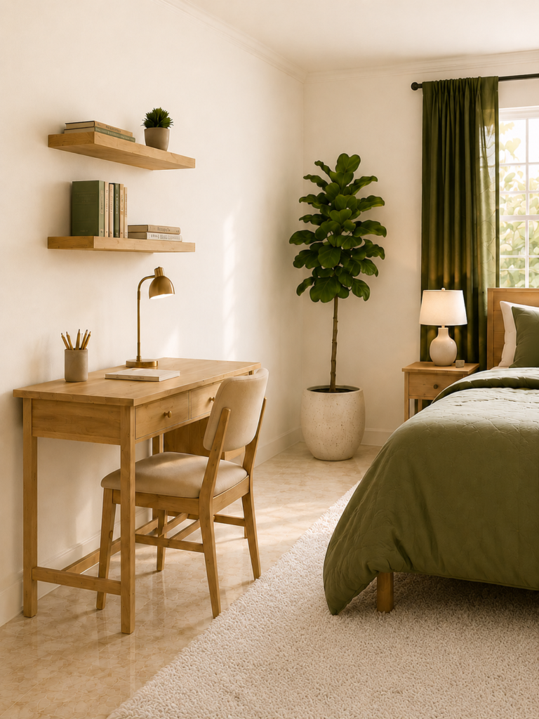 Earthy minimalist wooden desk area with floating shelves and a large potted plant for a serene bedroom workspace.