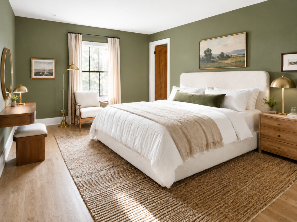 Earthy modern bedroom featuring olive green walls, a cream upholstered bed, a woven rug, and wooden furniture.