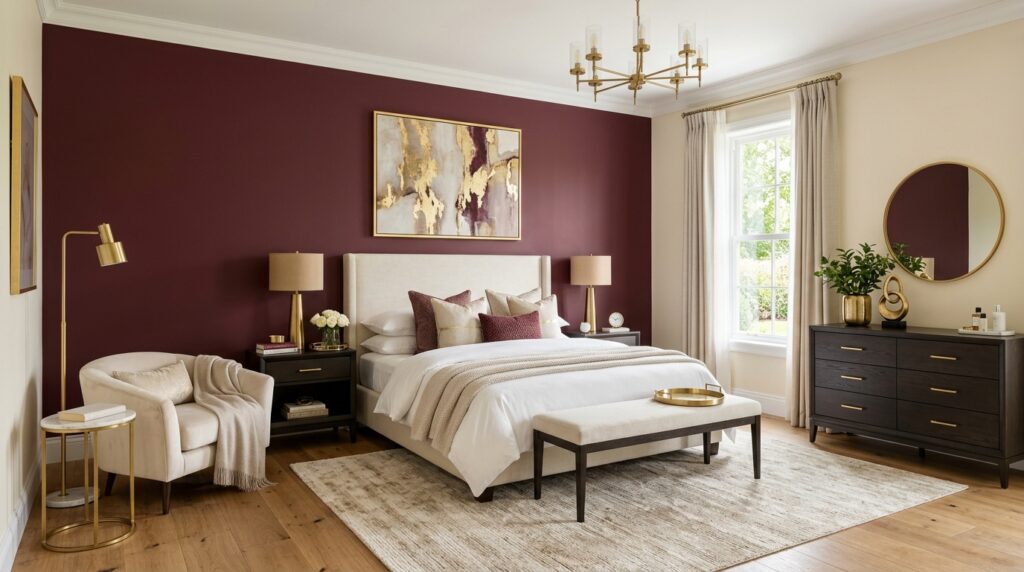 Elegant bedroom featuring a maroon accent wall, cream upholstered bed, and luxury gold lighting fixtures.