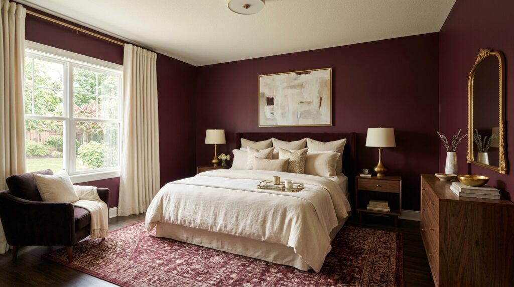 Elegant master bedroom with deep maroon walls, walnut furniture and a large gold arched wall mirror.
