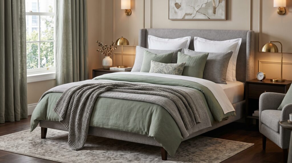 Elegant bedroom featuring a grey wingback bed, sage green comforter, and gold brass bedside lamps.