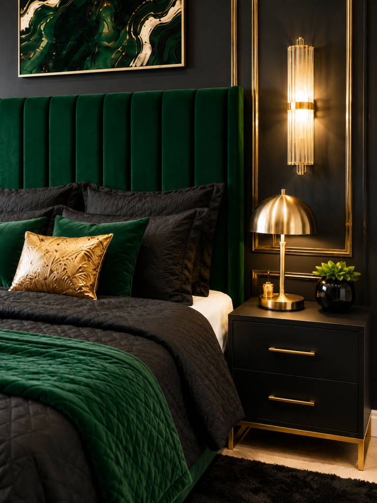 Modern luxurious bedroom featuring an emerald green velvet headboard, black bedding, and a gold accent lamp