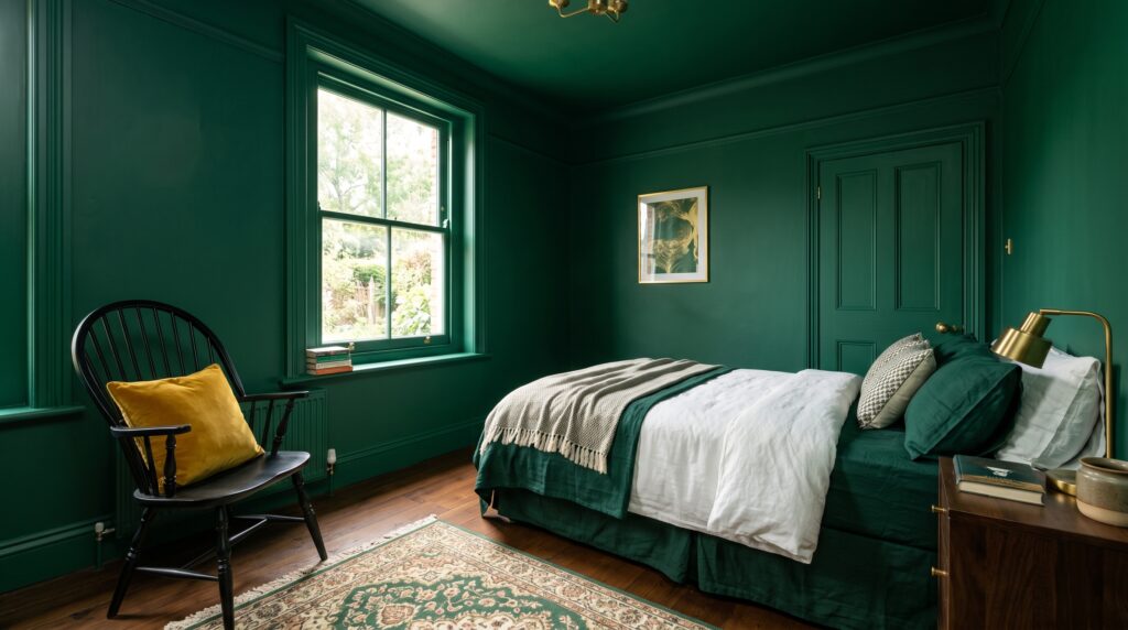 Monochromatic emerald green bedroom with matching painted walls, door, and bedding for a bold interior style.