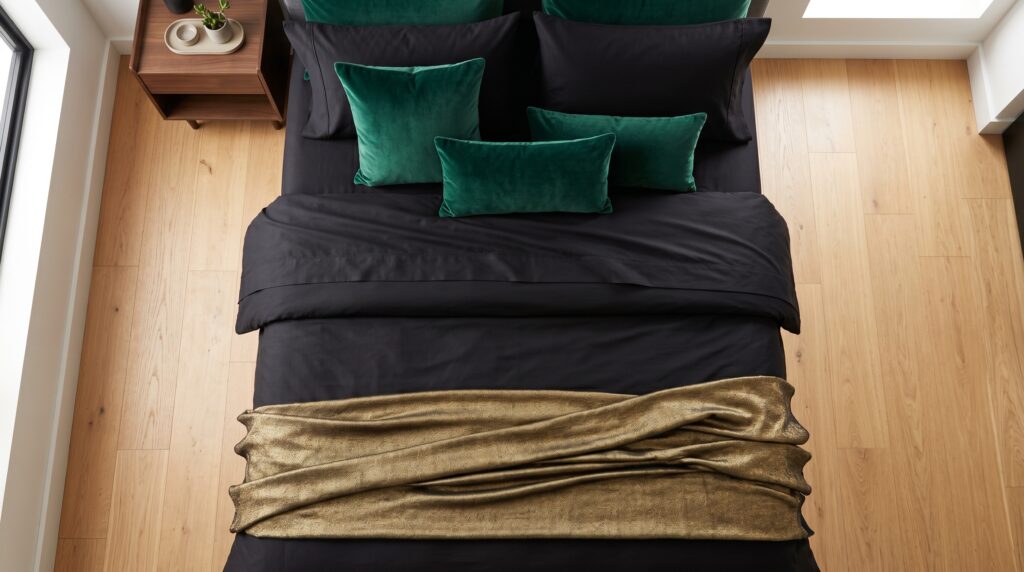 Top-down view of black bedding featuring emerald green velvet pillows and a textured gold throw blanket