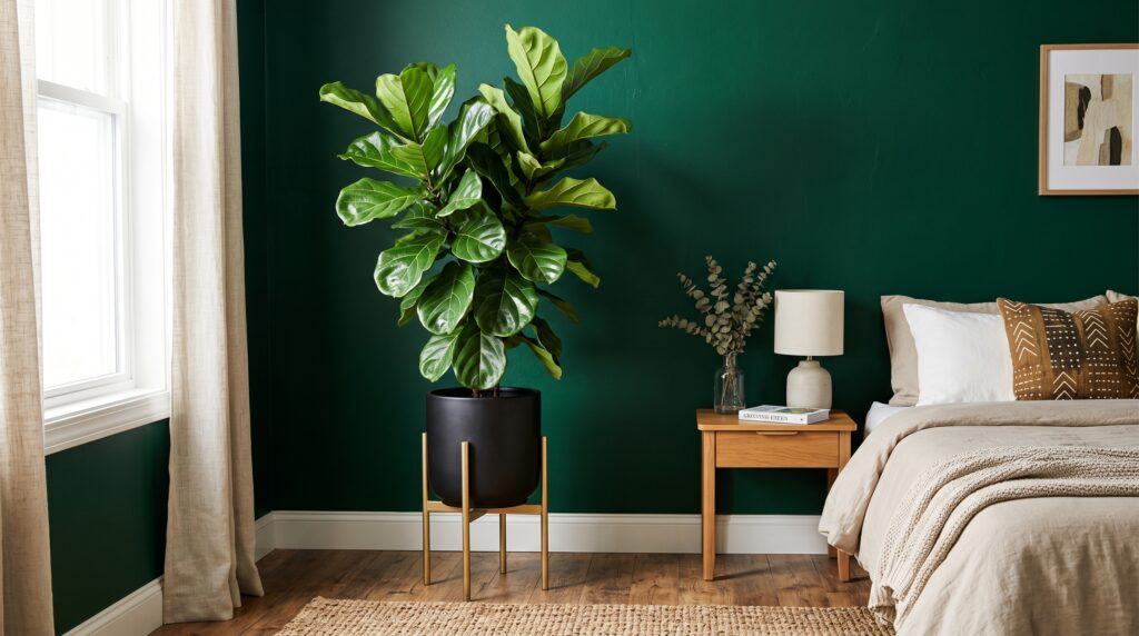Large fiddle leaf fig in a black and gold planter against a forest green bedroom wall for a lush interior.